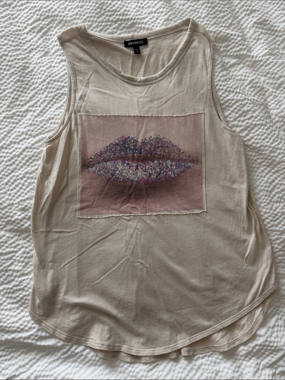 Express Cream Tank Top with Embellished Multicolor Lips Graphic